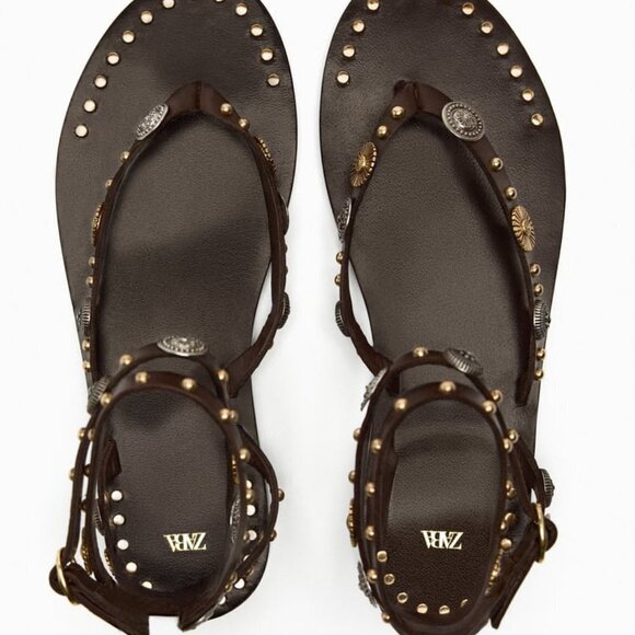 ZARA EMBELLISHED FLAT LEATHER SANDALS BROWN SIZE 6 23.4 Cm| 1613/210 - Picture 3 of 4
